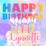 A vibrant animated name GIF with the words 'Happy Birthday Lynnette' with colorful candles on a creamy cake. The background sparkles with pastel shades, adding a festive touch.