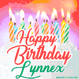 Bright birthday candles with rainbow flames on a cake, alongside the text 'Happy Birthday Lynnex' in vibrant script in this celebratory animated GIF.