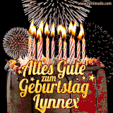 A chocolate birthday cake with glowing candles, the German text 'Alles Gute zum Geburtstag Lynnex,' and vibrant fireworks lighting up the background in an animated GIF.