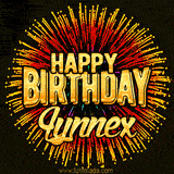 Golden 'Happy Birthday Lynnex' text accompanied by animated rainbow fireworks for a festive animated greeting.