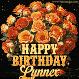 Animated bouquet of orange roses with moving butterfles and golden 'Happy Birthday Lynnex' text, surrounded by sparkling accents and a dark backdrop for a luxurious feel.