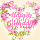 A stunning heart made of pink roses surrounds the elegant script text 'Happy Birthday Lynnex' on a soft beige background. Animated sparkles add a magical and festive feel.