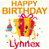 A vibrant and funny gift box character with a happy face dancing with a cupcake and the text 'Happy Birthday Lynnex,' surrounded by animated confetti and party vibes.