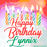 Bright birthday candles with rainbow flames on a cake, alongside the text 'Happy Birthday Lynnix' in vibrant script in this celebratory animated GIF.