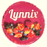 Beautifully decorated red velvet berry birthday cake with vibrant fruits and a glowing 'Lynnix' name, adding a touch of sweetness and sparkle.