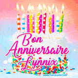 A white birthday cake covered in colorful sprinkles, topped with bright candles, and French text 'Bon Anniversaire Lynnix' on a pastel gradient background in an animated GIF.