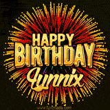 Golden 'Happy Birthday Lynnix' text accompanied by animated rainbow fireworks for a festive animated greeting.