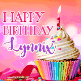 A vibrant birthday GIF featuring a rainbow-colored cupcake topped with white frosting, sprinkles, and a lit candle. The text reads 'Happy Birthday Lynnix' in bold pink and violet letters with white outline.