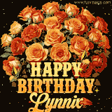 Animated bouquet of orange roses with moving butterfles and golden 'Happy Birthday Lynnix' text, surrounded by sparkling accents and a dark backdrop for a luxurious feel.