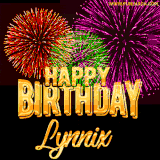 A golden 'Happy Birthday Lynnix' message with vibrant fireworks in the background, creating a festive and celebratory vibe in this animated name GIF.
