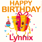 A vibrant and funny gift box character with a happy face dancing with a cupcake and the text 'Happy Birthday Lynnix,' surrounded by animated confetti and party vibes.