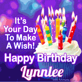 A colorful birthday GIF for Lynnlee featuring a cupcake with vibrant lit candles and the text 'It's Your Day to Make a Wish! Happy Birthday Lynnlee' in bold letters on a festive purple background.
