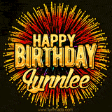 Golden 'Happy Birthday Lynnlee' text accompanied by animated rainbow fireworks for a festive animated greeting.