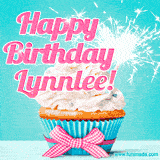 A festive cupcake with pink icing, a gingham bow, and a lit animated sparkler, paired with 'Happy Birthday Lynnlee!' in bright pink text.