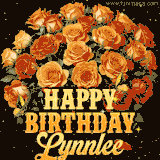 Animated bouquet of orange roses with moving butterfles and golden 'Happy Birthday Lynnlee' text, surrounded by sparkling accents and a dark backdrop for a luxurious feel.