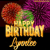 A golden 'Happy Birthday Lynnlee' message with vibrant fireworks in the background, creating a festive and celebratory vibe in this animated name GIF.
