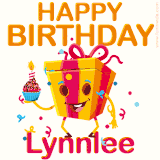 A vibrant and funny gift box character with a happy face dancing with a cupcake and the text 'Happy Birthday Lynnlee,' surrounded by animated confetti and party vibes.