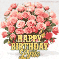 Birthday wishes to Lyric with a charming GIF featuring pink roses, butterflies and golden quote