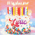 Personalized for Lyric elegant birthday cake adorned with rainbow sprinkles, colorful candles and glitter