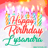 Bright birthday candles with rainbow flames on a cake, alongside the text 'Happy Birthday Lysandra' in vibrant script in this celebratory animated GIF.