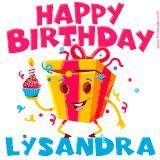 A vibrant and funny gift box character with a happy face dancing with a cupcake and the text 'Happy Birthday Lysandra,' surrounded by animated confetti and party vibes.