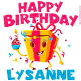 A vibrant and funny gift box character with a happy face dancing with a cupcake and the text 'Happy Birthday Lysanne,' surrounded by animated confetti and party vibes.