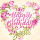 A stunning heart made of pink roses surrounds the elegant script text 'Happy Birthday Lysette' on a soft beige background. Animated sparkles add a magical and festive feel.
