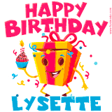 A vibrant and funny gift box character with a happy face dancing with a cupcake and the text 'Happy Birthday Lysette,' surrounded by animated confetti and party vibes.
