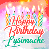 Bright birthday candles with rainbow flames on a cake, alongside the text 'Happy Birthday Lysimache' in vibrant script in this celebratory animated GIF.