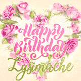 A stunning heart made of pink roses surrounds the elegant script text 'Happy Birthday Lysimache' on a soft beige background. Animated sparkles add a magical and festive feel.