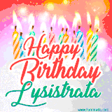 Bright birthday candles with rainbow flames on a cake, alongside the text 'Happy Birthday Lysistrata' in vibrant script in this celebratory animated GIF.