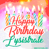Bright birthday candles with rainbow flames on a cake, alongside the text 'Happy Birthday Lysistrate' in vibrant script in this celebratory animated GIF.