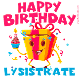 A vibrant and funny gift box character with a happy face dancing with a cupcake and the text 'Happy Birthday Lysistrate,' surrounded by animated confetti and party vibes.
