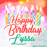 Bright birthday candles with rainbow flames on a cake, alongside the text 'Happy Birthday Lyssa' in vibrant script in this celebratory animated GIF.