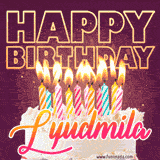 A colorful birthday cake topped with lit candles, with the words 'Happy Birthday Lyudmila' in bold glowing letters on a burgundy background. Animated flames add a festive touch.