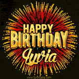 Golden 'Happy Birthday Lyvia' text accompanied by animated rainbow fireworks for a festive animated greeting.