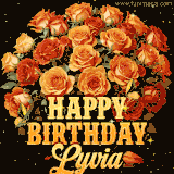 Animated bouquet of orange roses with moving butterfles and golden 'Happy Birthday Lyvia' text, surrounded by sparkling accents and a dark backdrop for a luxurious feel.