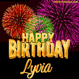 A golden 'Happy Birthday Lyvia' message with vibrant fireworks in the background, creating a festive and celebratory vibe in this animated name GIF.