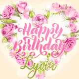 A stunning heart made of pink roses surrounds the elegant script text 'Happy Birthday Lyvia' on a soft beige background. Animated sparkles add a magical and festive feel.