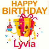 A vibrant and funny gift box character with a happy face dancing with a cupcake and the text 'Happy Birthday Lyvia,' surrounded by animated confetti and party vibes.