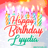 Bright birthday candles with rainbow flames on a cake, alongside the text 'Happy Birthday Lyydia' in vibrant script in this celebratory animated GIF.
