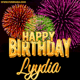 A golden 'Happy Birthday Lyydia' message with vibrant fireworks in the background, creating a festive and celebratory vibe in this animated name GIF.