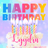 A vibrant animated name GIF with the words 'Happy Birthday Lyydia' with colorful candles on a creamy cake. The background sparkles with pastel shades, adding a festive touch.