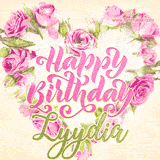 A stunning heart made of pink roses surrounds the elegant script text 'Happy Birthday Lyydia' on a soft beige background. Animated sparkles add a magical and festive feel.