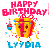 A vibrant and funny gift box character with a happy face dancing with a cupcake and the text 'Happy Birthday Lyydia,' surrounded by animated confetti and party vibes.