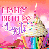A vibrant birthday GIF featuring a rainbow-colored cupcake topped with white frosting, sprinkles, and a lit candle. The text reads 'Happy Birthday Lyyti' in bold pink and violet letters with white outline.