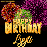 A golden 'Happy Birthday Lyyti' message with vibrant fireworks in the background, creating a festive and celebratory vibe in this animated name GIF.