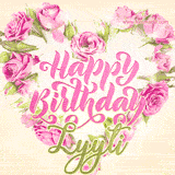 A stunning heart made of pink roses surrounds the elegant script text 'Happy Birthday Lyyti' on a soft beige background. Animated sparkles add a magical and festive feel.