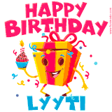 A vibrant and funny gift box character with a happy face dancing with a cupcake and the text 'Happy Birthday Lyyti,' surrounded by animated confetti and party vibes.