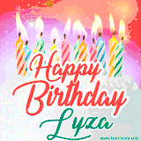 Bright birthday candles with rainbow flames on a cake, alongside the text 'Happy Birthday Lyza' in vibrant script in this celebratory animated GIF.